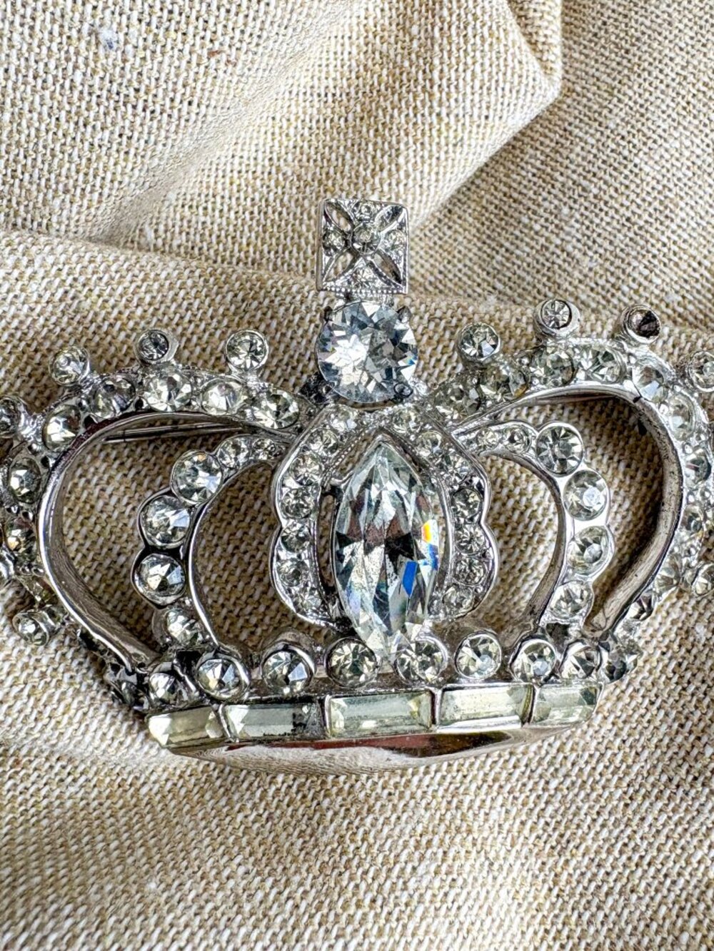 CoroCraft Sterling Crown Brooch - Pegasus Mark, Clear Rhinestones - 1940s Vintag